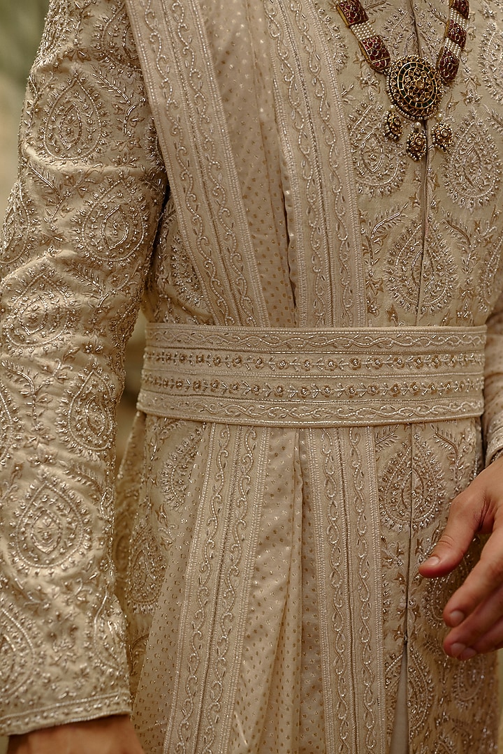 Light Beige Raw Silk Dabka Embroidered Groom Sherwani Set by NITIKA GUJRAL MEN at Pernia's Pop Up Shop