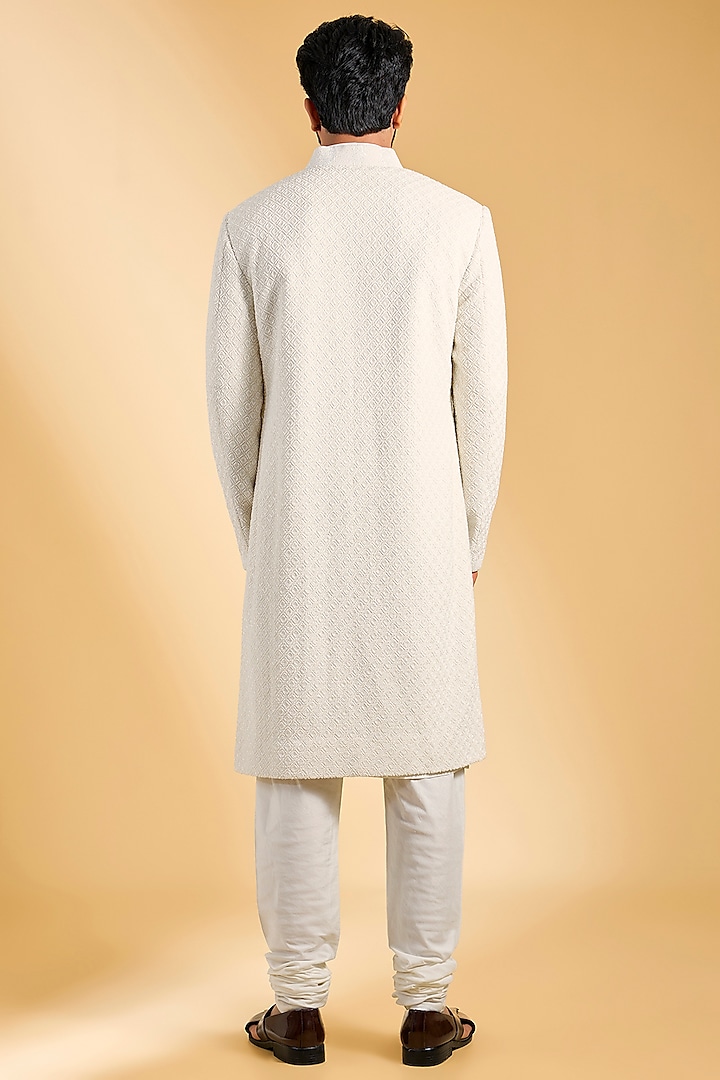 Ivory Raw Silk Dabka Embroidered Groom Sherwani Set by NITIKA GUJRAL MEN at Pernia's Pop Up Shop