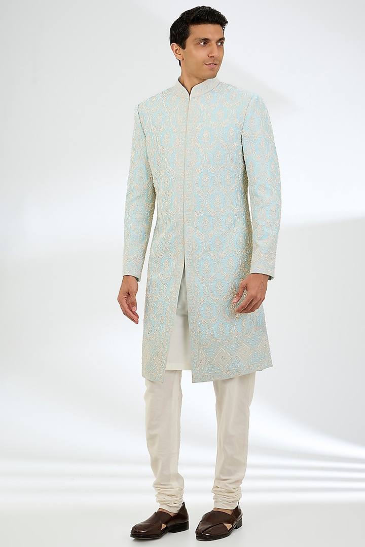 Powder Blue Raw Silk & Cotton Silk Moti Embroidered Sherwani Set by NITIKA GUJRAL MEN