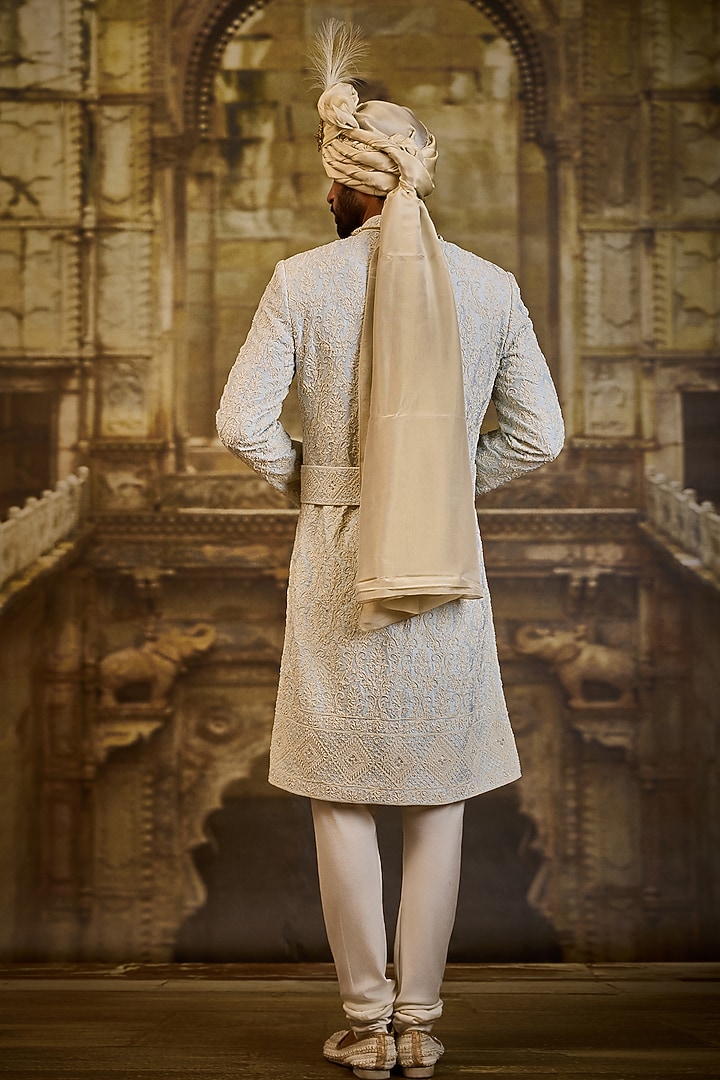 Powder Blue Raw Silk & Cotton Silk Moti Embroidered Groom Sherwani Set by NITIKA GUJRAL MEN at Pernia's Pop Up Shop