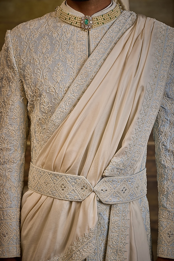 Powder Blue Raw Silk & Cotton Silk Moti Embroidered Groom Sherwani Set by NITIKA GUJRAL MEN at Pernia's Pop Up Shop