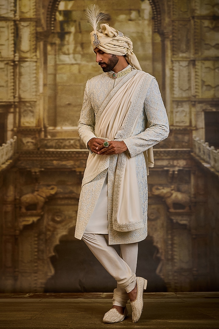 Powder Blue Raw Silk & Cotton Silk Moti Embroidered Groom Sherwani Set by NITIKA GUJRAL MEN at Pernia's Pop Up Shop