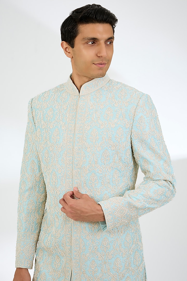 Powder Blue Raw Silk & Cotton Silk Moti Embroidered Groom Sherwani Set by NITIKA GUJRAL MEN at Pernia's Pop Up Shop