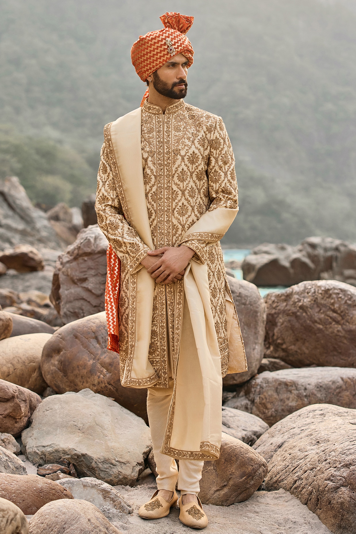 NITIKA GUJRAL Beige Raw Silk & Cotton Silk Dabka Embroidered Sherwani Set