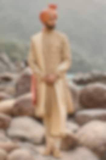 Beige Raw Silk & Cotton Silk Dabka Embroidered Groom Sherwani Set by NITIKA GUJRAL MEN at Pernia's Pop Up Shop