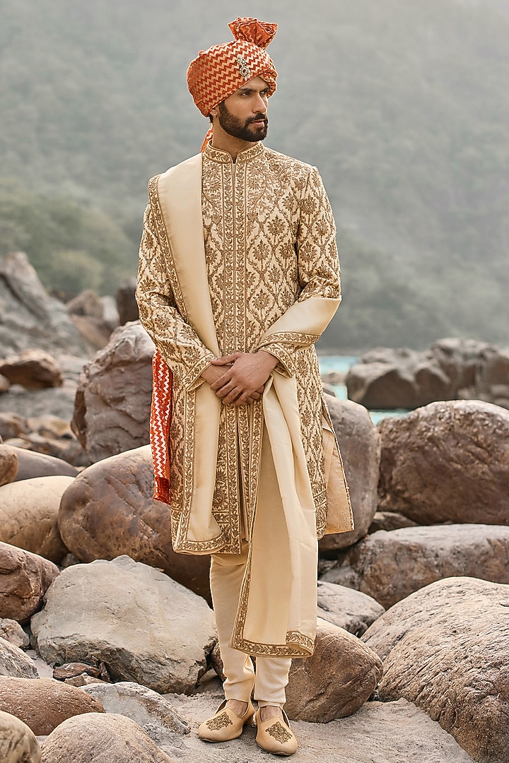 Beige Raw Silk & Cotton Silk Dabka Embroidered Groom Sherwani Set by NITIKA GUJRAL MEN at Pernia's Pop Up Shop