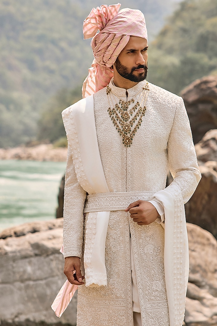 Ivory Raw Silk Resham Embroidered Groom Sherwani Set by NITIKA GUJRAL MEN at Pernia's Pop Up Shop