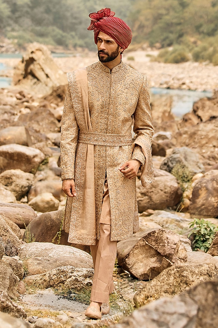 Mocha Bronze Raw Silk Resham Embroidered Groom Sherwani Set by NITIKA GUJRAL MEN at Pernia's Pop Up Shop