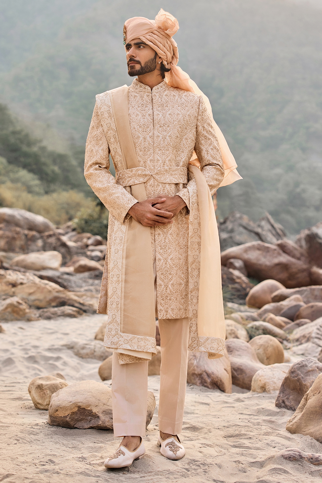 NITIKA GUJRAL Beige Raw Silk Resham Embroidered Sherwani Set