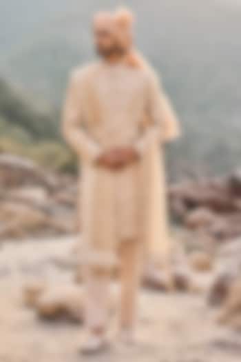 Beige Raw Silk Resham Embroidered Groom Sherwani Set by NITIKA GUJRAL MEN at Pernia's Pop Up Shop