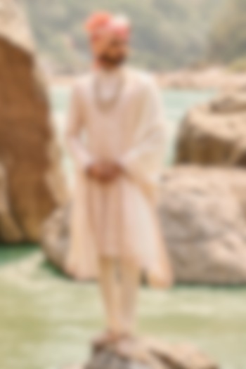 Blush Pink Raw Silk Resham Embroidered Groom Sherwani Set by NITIKA GUJRAL MEN at Pernia's Pop Up Shop