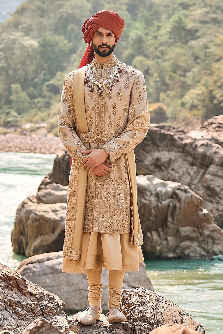 Gold Matka Silk Zardosi Embroidered Groom Sherwani Set by NITIKA GUJRAL MEN at Pernia's Pop Up Shop