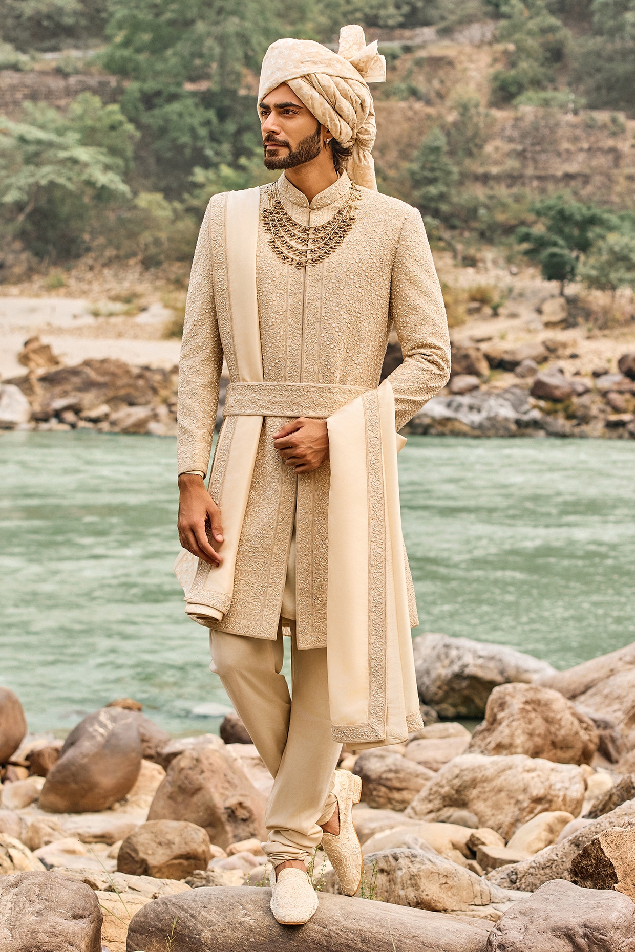 NITIKA GUJRAL Beige Raw Silk Dori Embroidered Sherwani Set