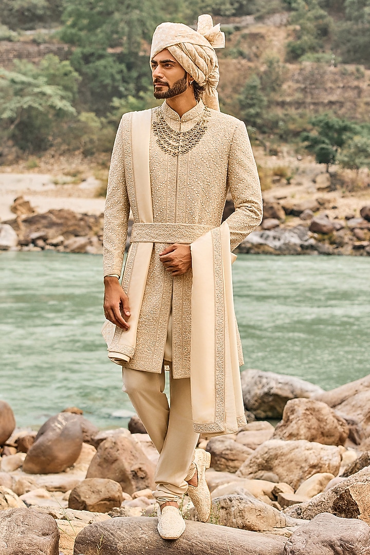 Beige Raw Silk Dori Embroidered Groom Sherwani Set by NITIKA GUJRAL MEN at Pernia's Pop Up Shop