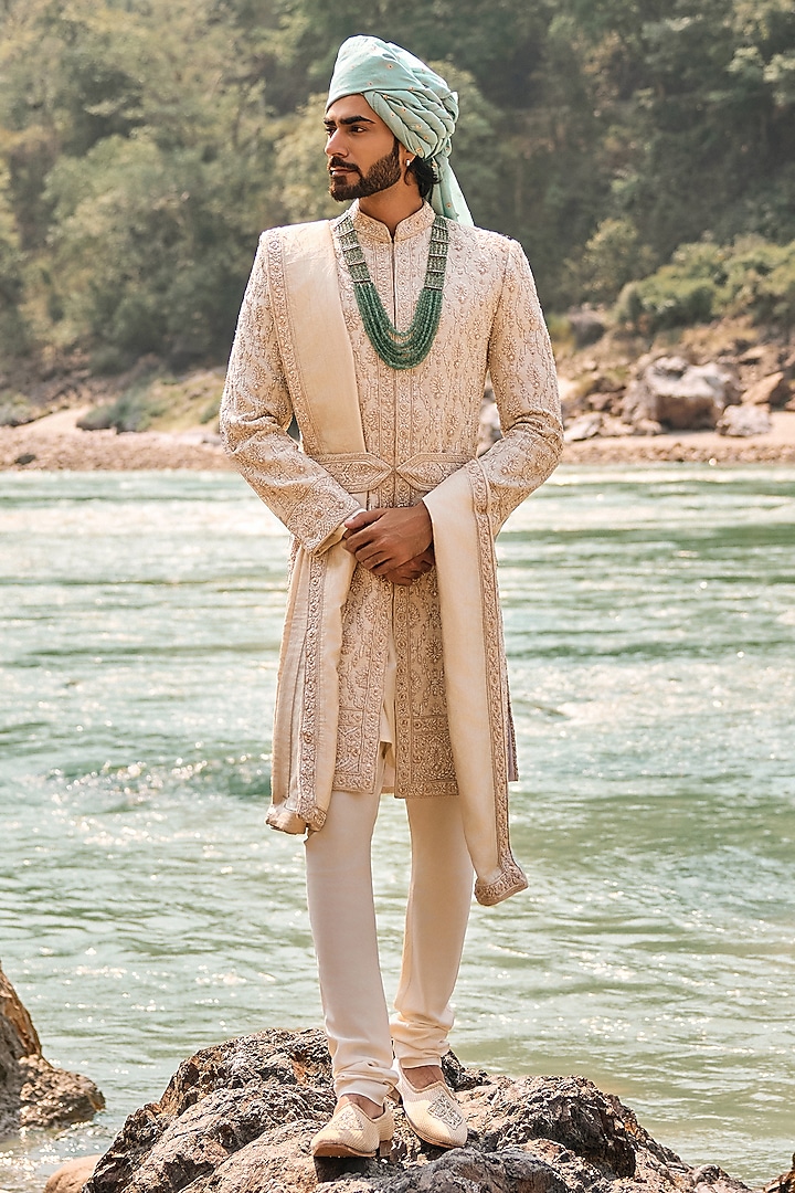 Ivory-Gold Matka Silk Zardosi Embroidered Groom Sherwani Set by NITIKA GUJRAL MEN at Pernia's Pop Up Shop