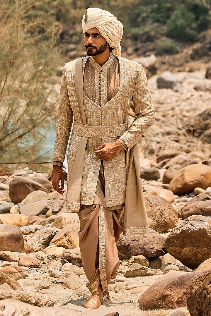 Mocha Bronze Raw Silk Dabka Embroidered Groom Sherwani Set by NITIKA GUJRAL MEN at Pernia's Pop Up Shop
