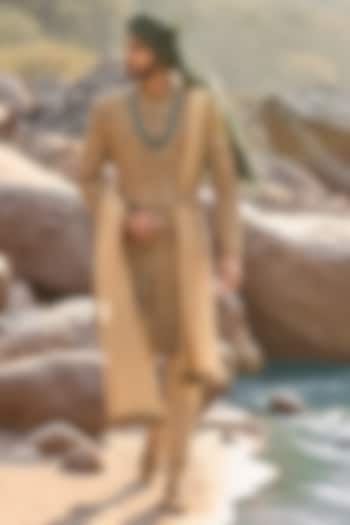 Golden Olive Matka Silk Zardosi Embroidered Groom Sherwani Set by NITIKA GUJRAL MEN at Pernia's Pop Up Shop