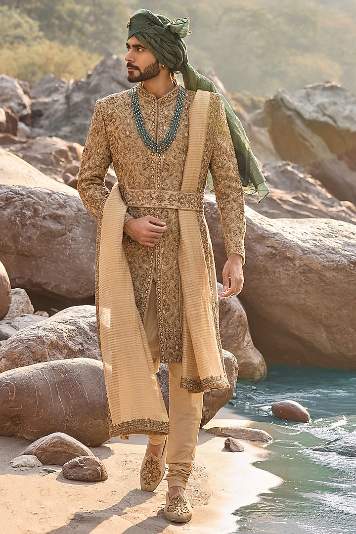 Golden Olive Matka Silk Zardosi Embroidered Groom Sherwani Set by NITIKA GUJRAL MEN at Pernia's Pop Up Shop