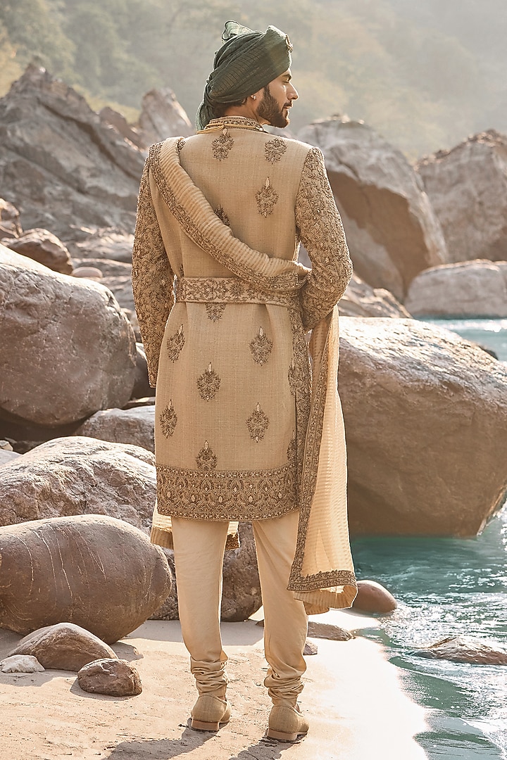 Golden Olive Matka Silk Zardosi Embroidered Groom Sherwani Set by NITIKA GUJRAL MEN at Pernia's Pop Up Shop