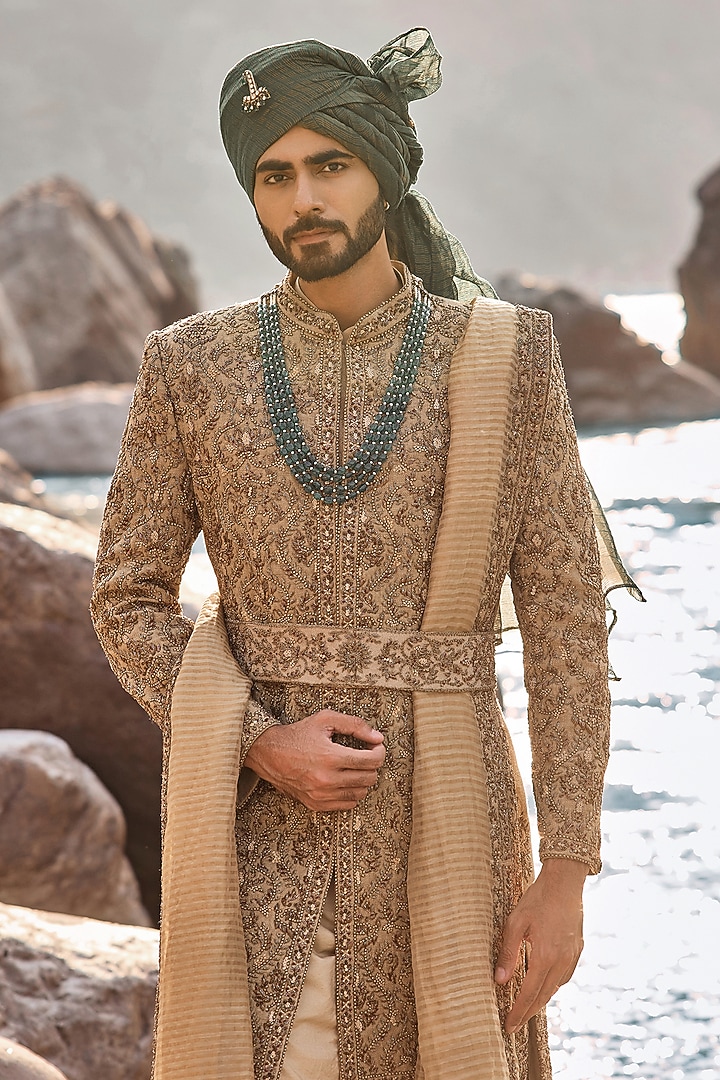 Golden Olive Matka Silk Zardosi Embroidered Groom Sherwani Set by NITIKA GUJRAL MEN at Pernia's Pop Up Shop