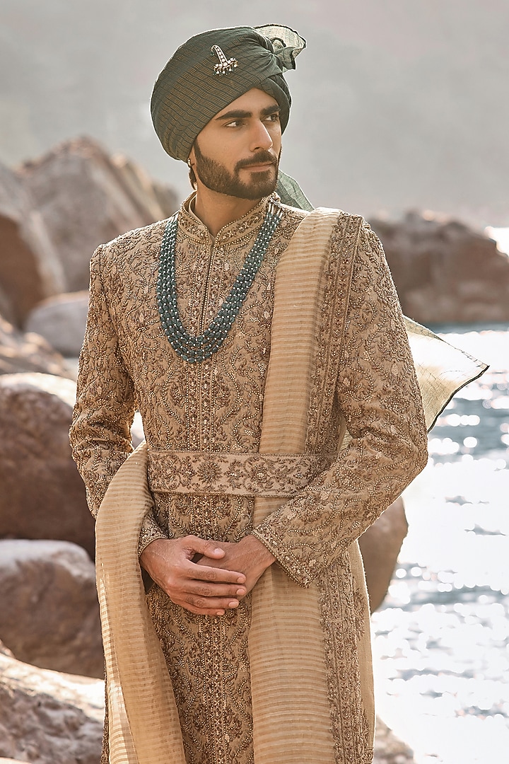 Golden Olive Matka Silk Zardosi Embroidered Groom Sherwani Set by NITIKA GUJRAL MEN at Pernia's Pop Up Shop