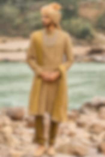 Deep Olive Green Raw Silk Dabka Embroidered Groom Sherwani Set by NITIKA GUJRAL MEN at Pernia's Pop Up Shop