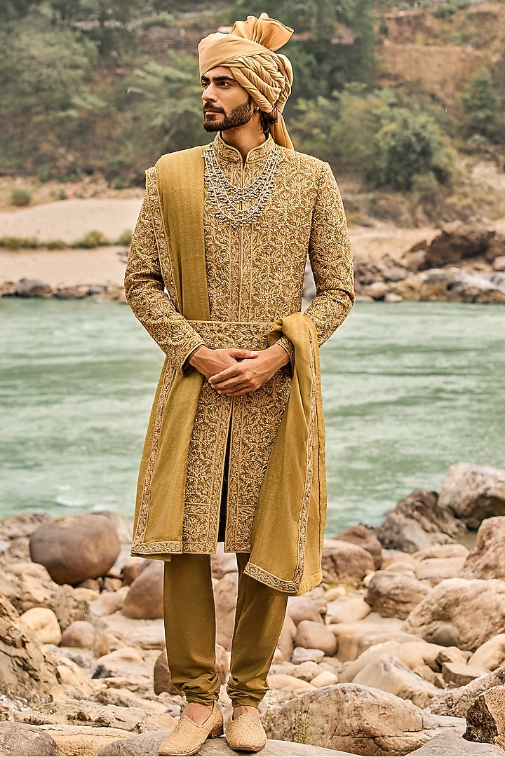 Deep Olive Green Raw Silk Dabka Embroidered Groom Sherwani Set by NITIKA GUJRAL MEN at Pernia's Pop Up Shop
