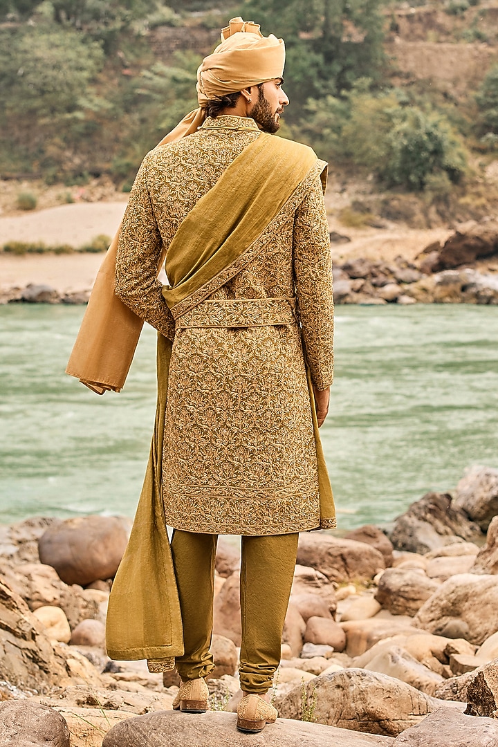 Deep Olive Green Raw Silk Dabka Embroidered Groom Sherwani Set by NITIKA GUJRAL MEN at Pernia's Pop Up Shop