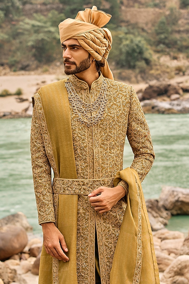 Deep Olive Green Raw Silk Dabka Embroidered Groom Sherwani Set by NITIKA GUJRAL MEN at Pernia's Pop Up Shop