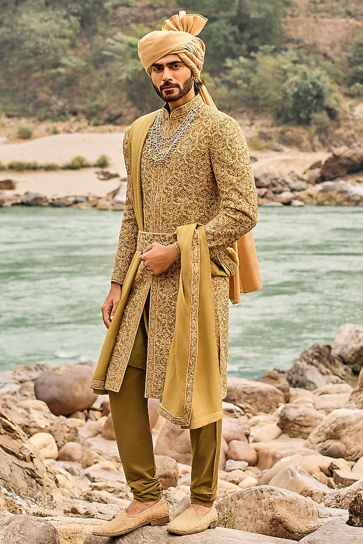 Deep Olive Green Raw Silk Dabka Embroidered Groom Sherwani Set by NITIKA GUJRAL MEN at Pernia's Pop Up Shop