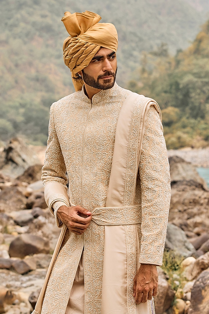Soft Peach Raw Silk Cutdana Embroidered Groom Sherwani Set by NITIKA GUJRAL MEN at Pernia's Pop Up Shop
