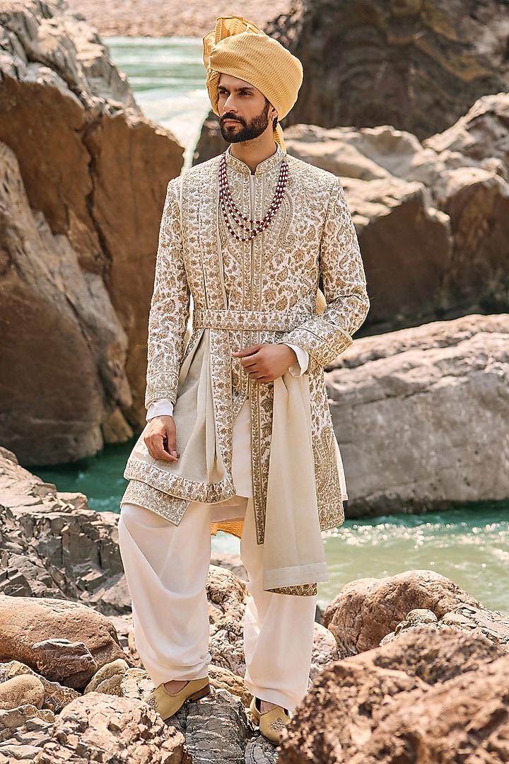 Ivory Raw Silk Dabka Embroidered Groom Sherwani Set by NITIKA GUJRAL MEN at Pernia's Pop Up Shop