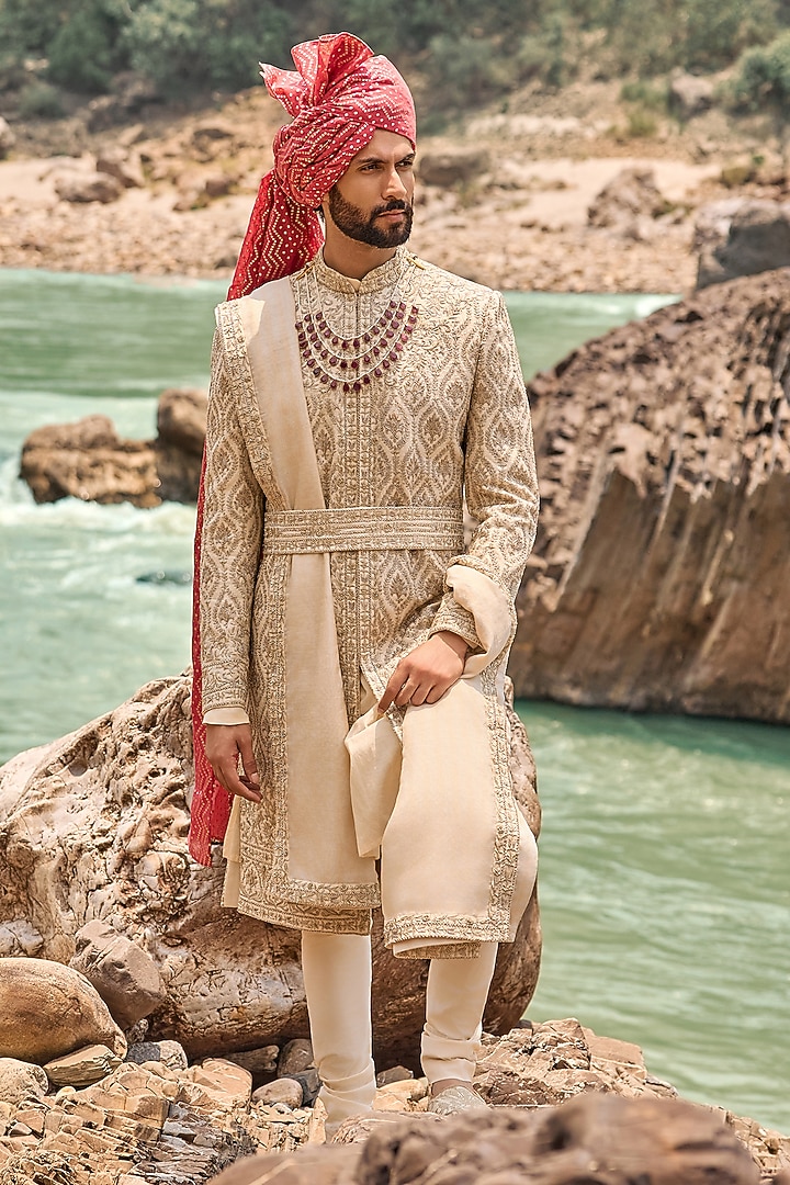Light beige Raw Silk Kasab Embroidered Groom Sherwani Set by NITIKA GUJRAL MEN at Pernia's Pop Up Shop