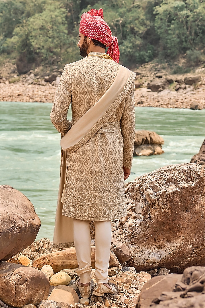 Light beige Raw Silk Kasab Embroidered Groom Sherwani Set by NITIKA GUJRAL MEN at Pernia's Pop Up Shop