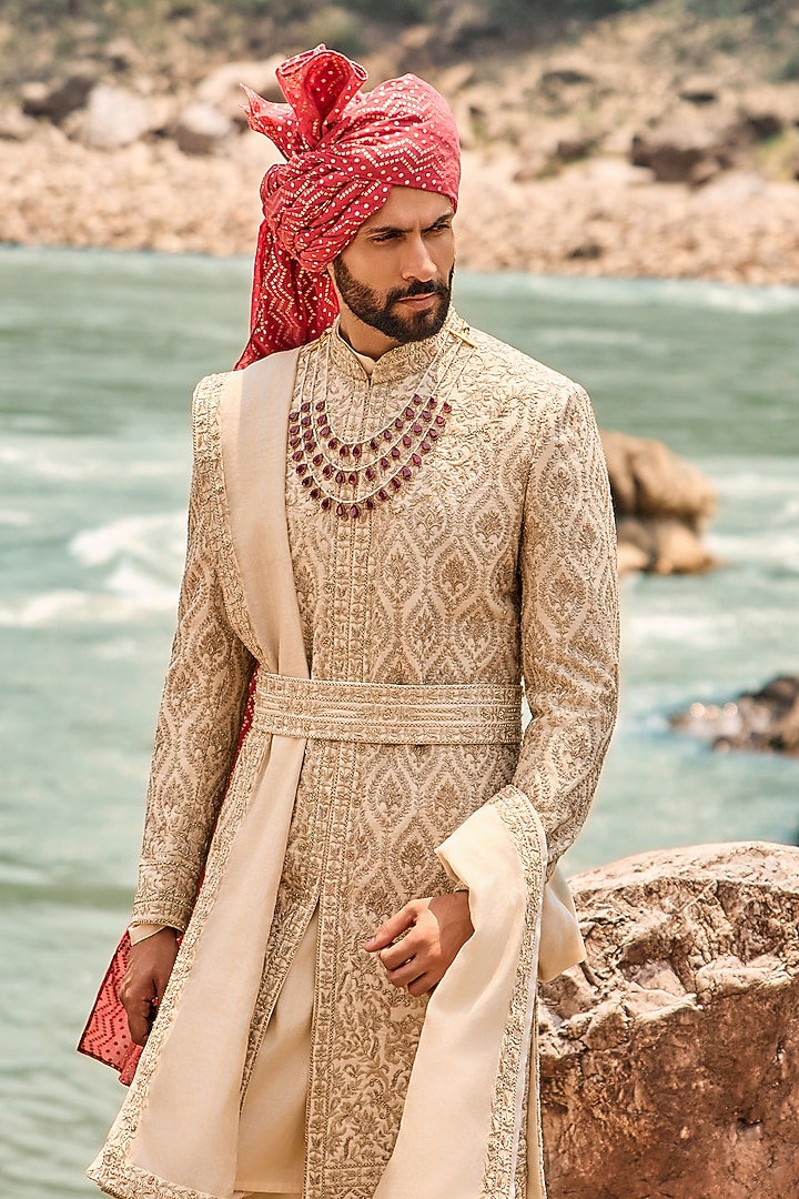 Light beige Raw Silk Kasab Embroidered Groom Sherwani Set by NITIKA GUJRAL MEN at Pernia's Pop Up Shop