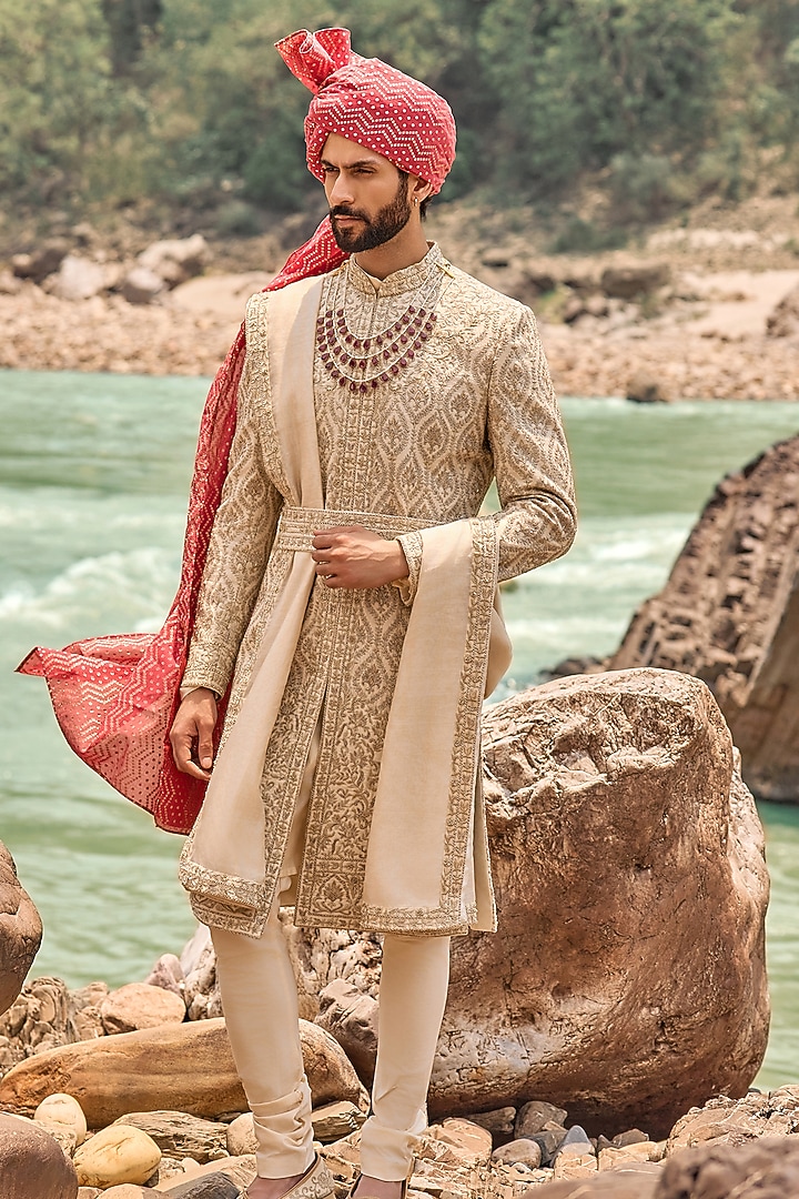 Light beige Raw Silk Kasab Embroidered Groom Sherwani Set by NITIKA GUJRAL MEN at Pernia's Pop Up Shop