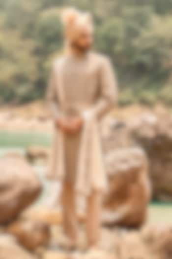 Coffee Brown Raw Silk Resham Embroidered Groom Sherwani Set by NITIKA GUJRAL MEN at Pernia's Pop Up Shop
