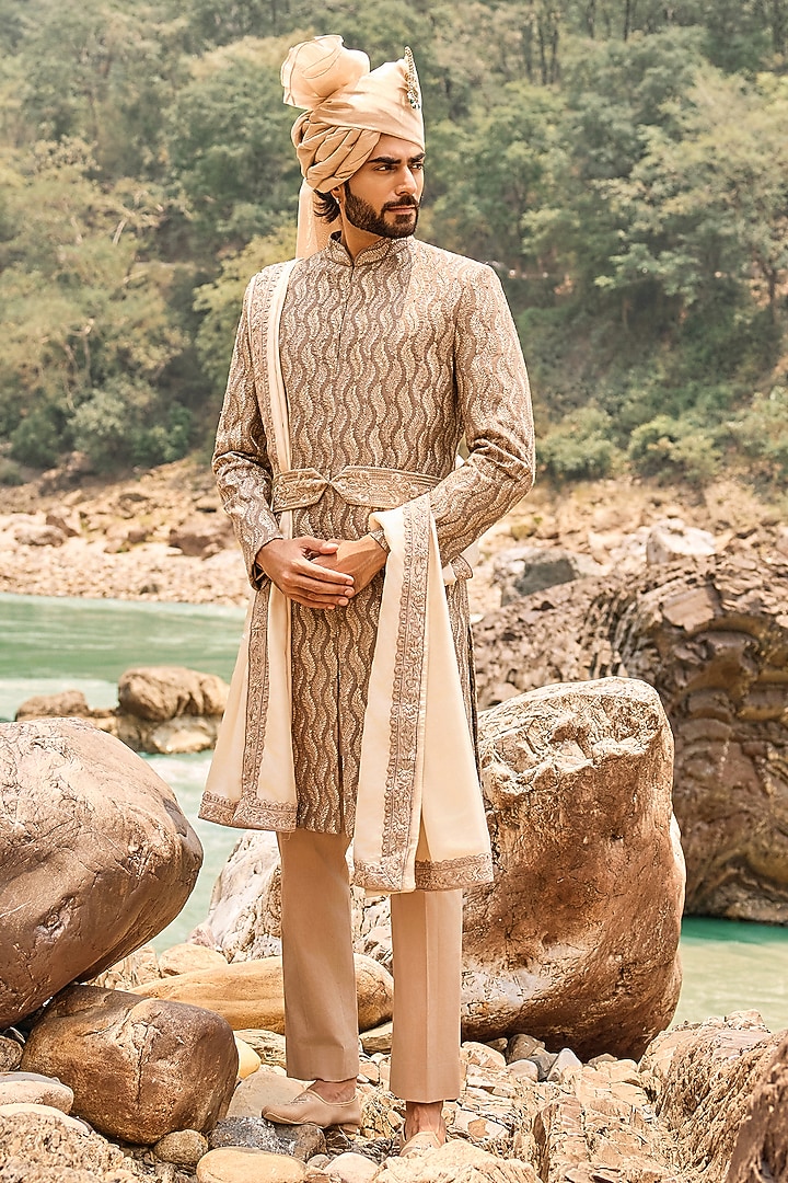 Coffee Brown Raw Silk Resham Embroidered Groom Sherwani Set by NITIKA GUJRAL MEN at Pernia's Pop Up Shop