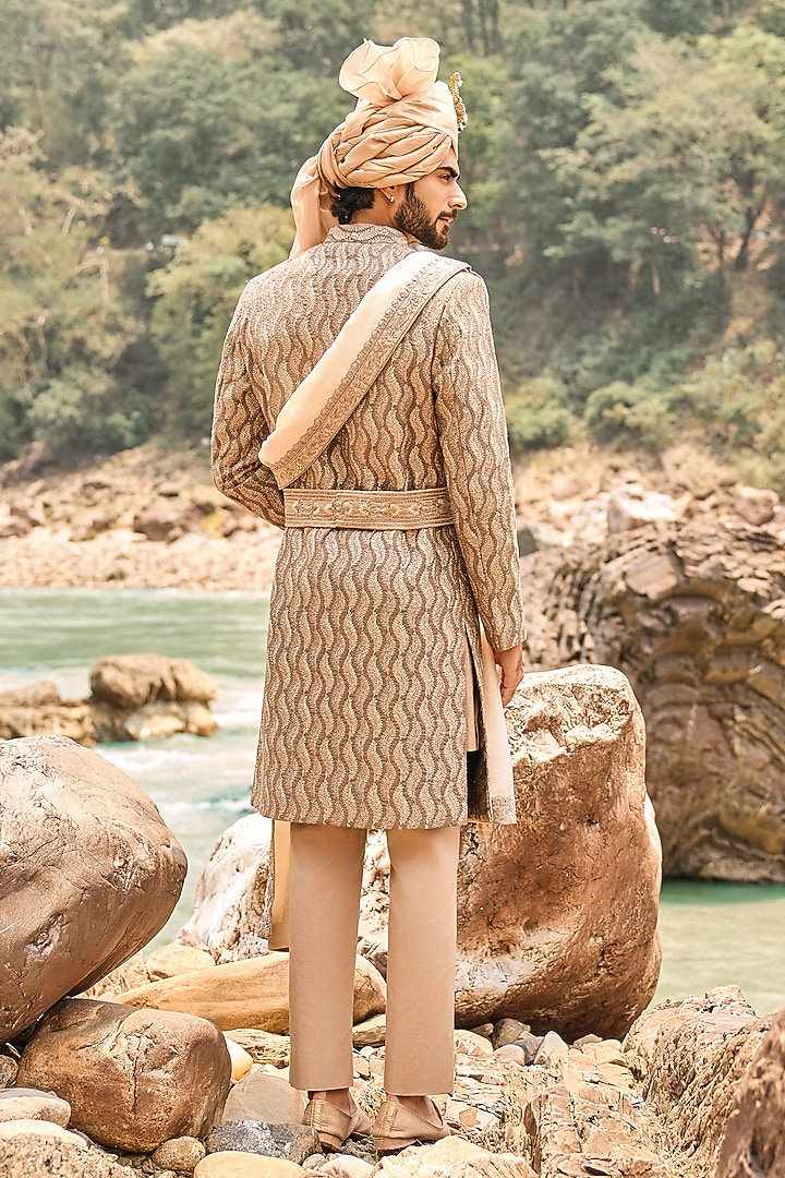 Coffee Brown Raw Silk Resham Embroidered Groom Sherwani Set by NITIKA GUJRAL MEN at Pernia's Pop Up Shop