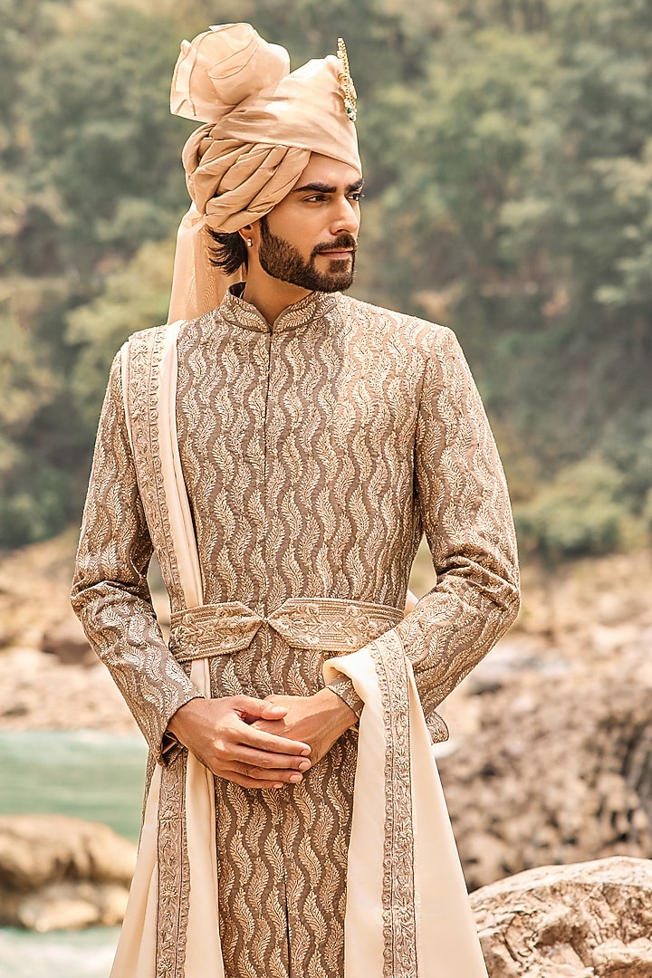 Coffee Brown Raw Silk Resham Embroidered Groom Sherwani Set by NITIKA GUJRAL MEN at Pernia's Pop Up Shop
