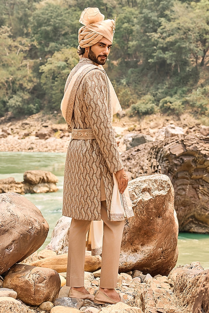 Coffee Brown Raw Silk Resham Embroidered Groom Sherwani Set by NITIKA GUJRAL MEN at Pernia's Pop Up Shop