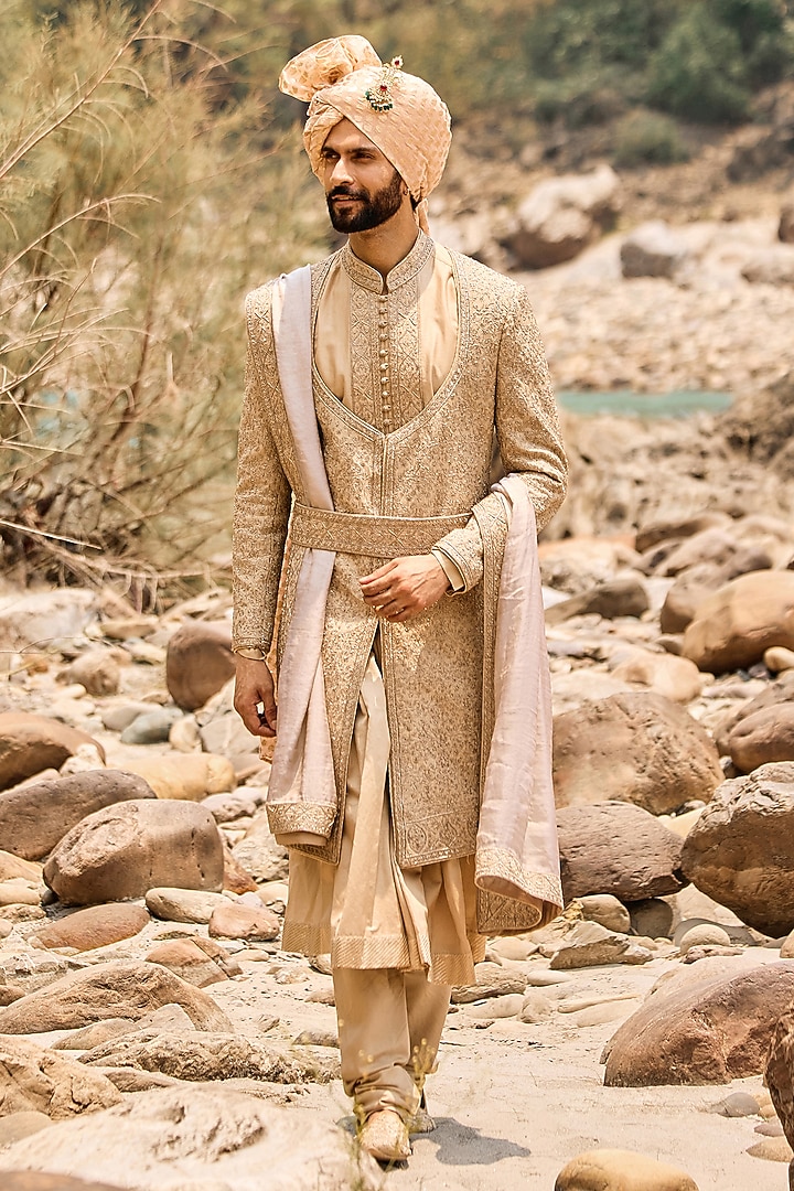 Fawn Raw Silk Resham Embroidered Groom Sherwani Set by NITIKA GUJRAL MEN at Pernia's Pop Up Shop