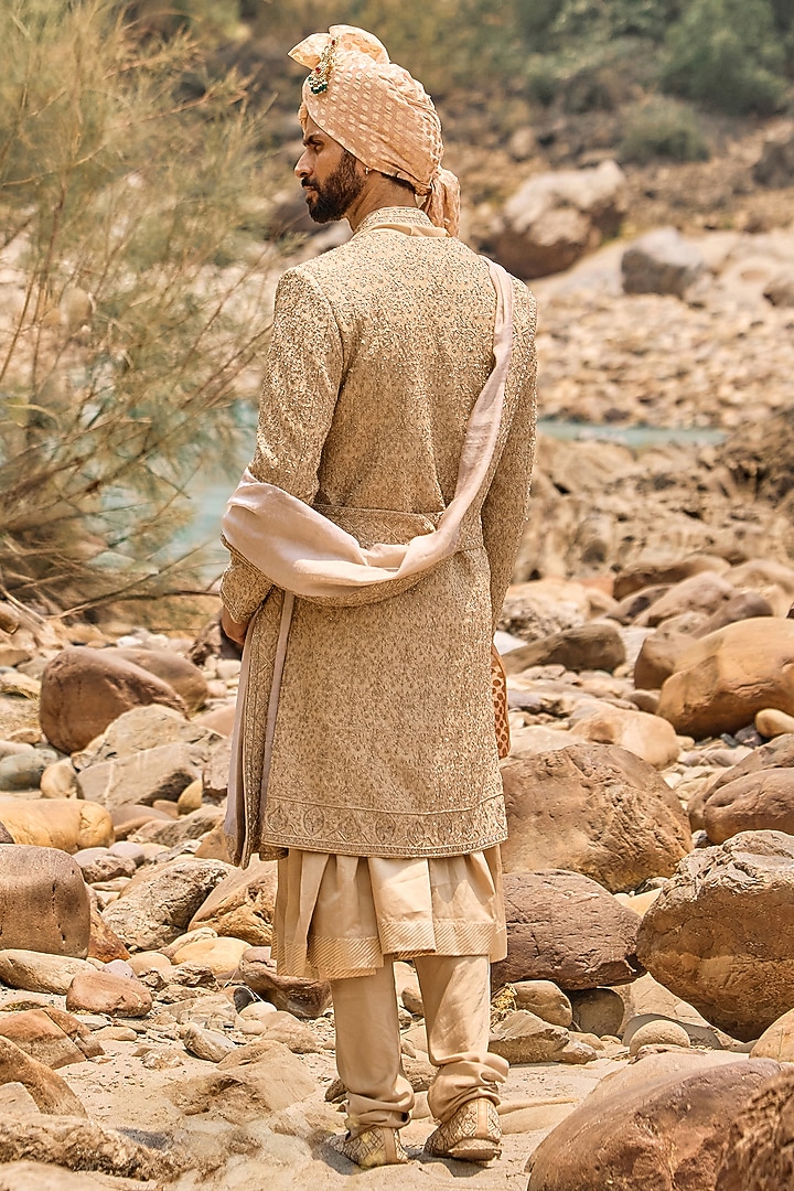 Fawn Raw Silk Resham Embroidered Groom Sherwani Set by NITIKA GUJRAL MEN at Pernia's Pop Up Shop