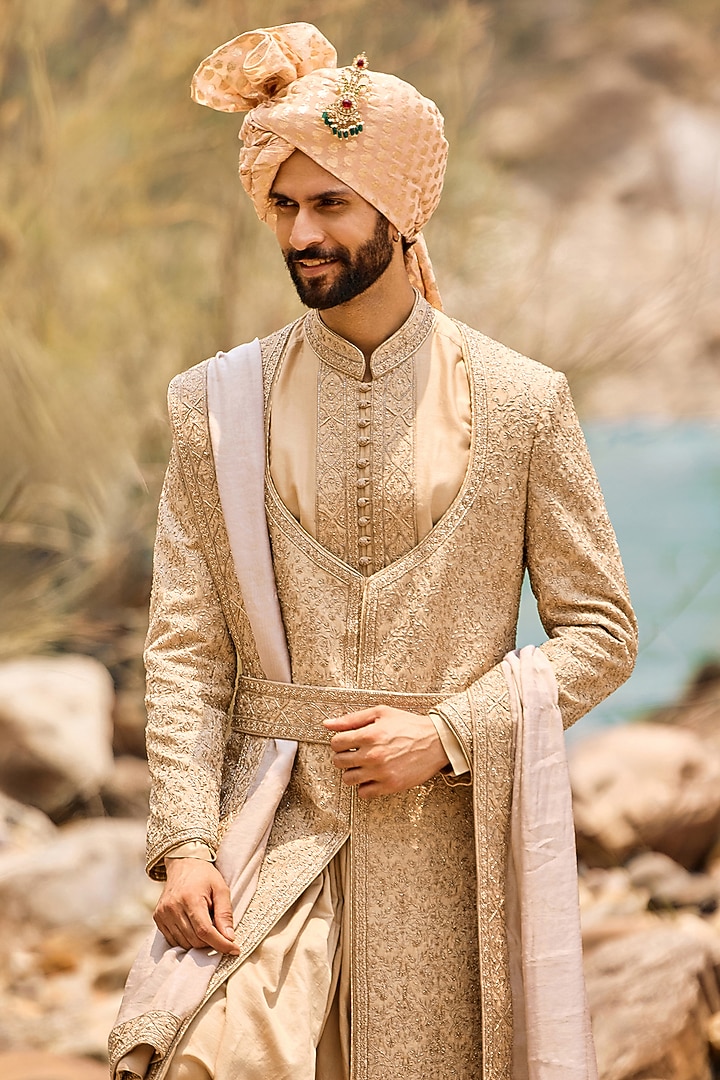 Fawn Raw Silk Resham Embroidered Groom Sherwani Set by NITIKA GUJRAL MEN at Pernia's Pop Up Shop