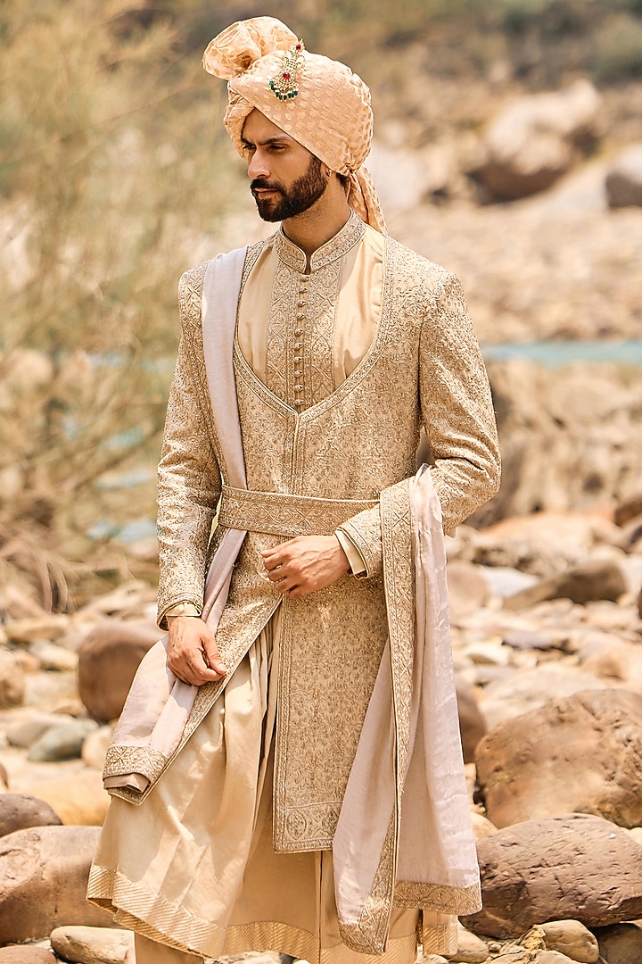 Fawn Raw Silk Resham Embroidered Groom Sherwani Set by NITIKA GUJRAL MEN at Pernia's Pop Up Shop