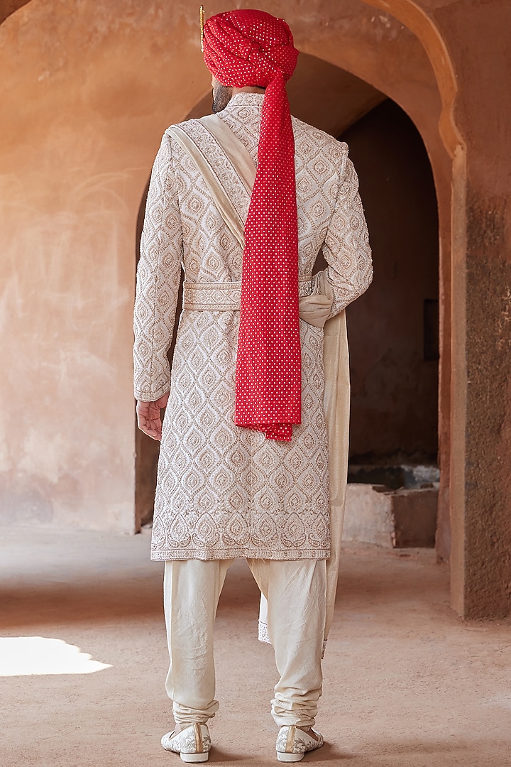 Ivory Taffeta Silk Embroidered Groom Sherwani Set by NITIKA GUJRAL MEN at Pernia's Pop Up Shop