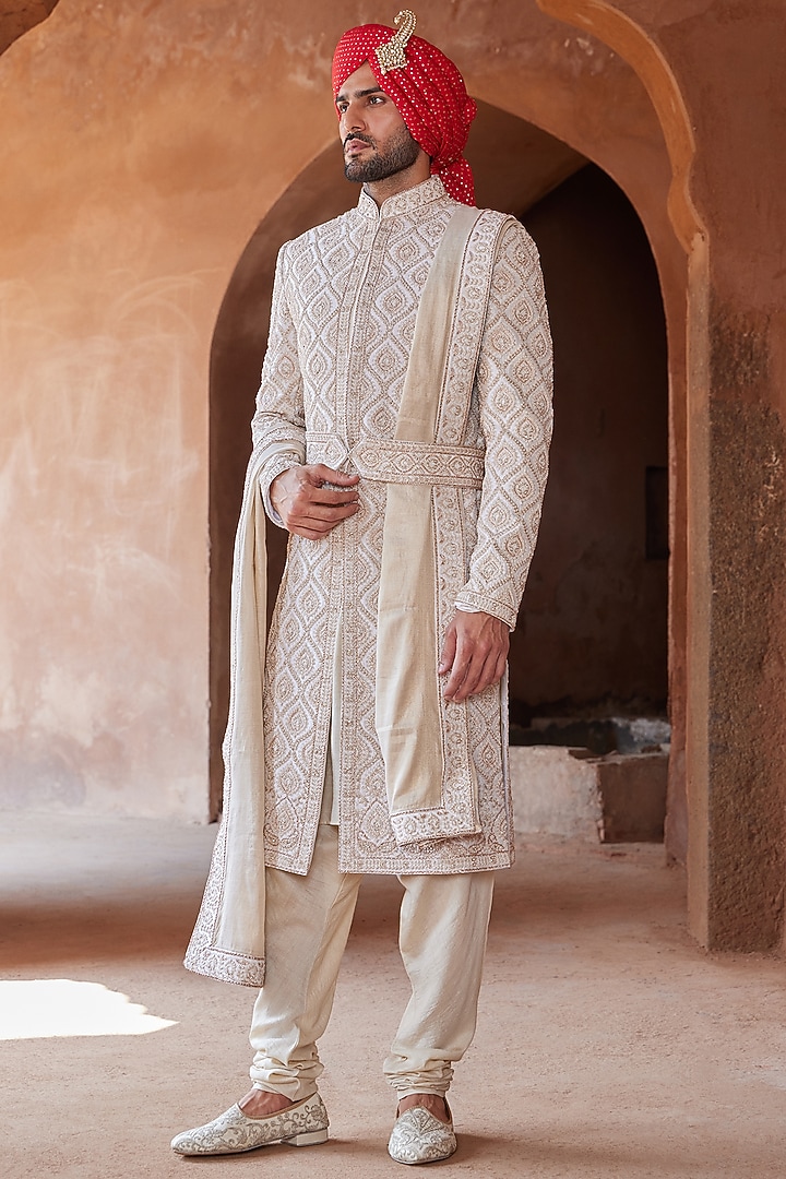 Ivory Taffeta Silk Embroidered Groom Sherwani Set by NITIKA GUJRAL MEN at Pernia's Pop Up Shop