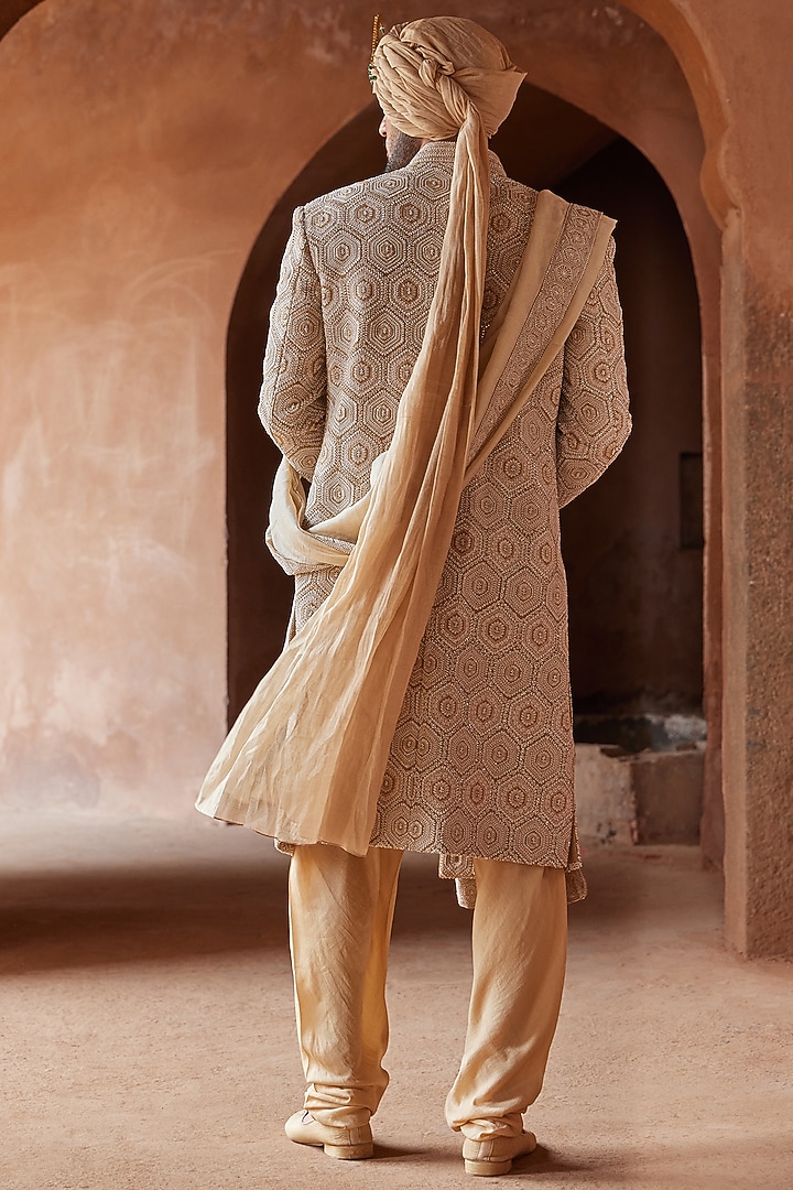 Mustard Matka Silk Embroidered Groom Sherwani Set by NITIKA GUJRAL MEN at Pernia's Pop Up Shop