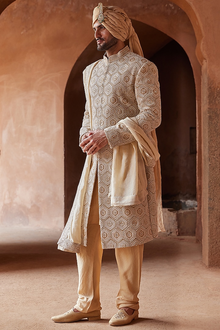 Mustard Matka Silk Embroidered Groom Sherwani Set by NITIKA GUJRAL MEN at Pernia's Pop Up Shop