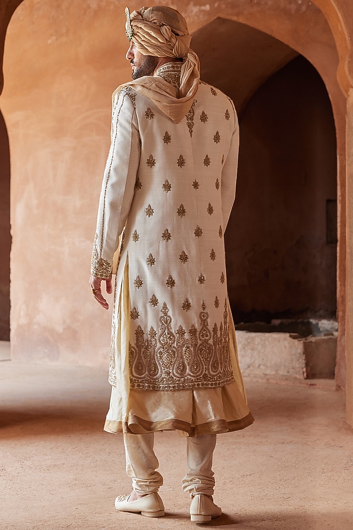 Gold matka silk angrakha sherwani set